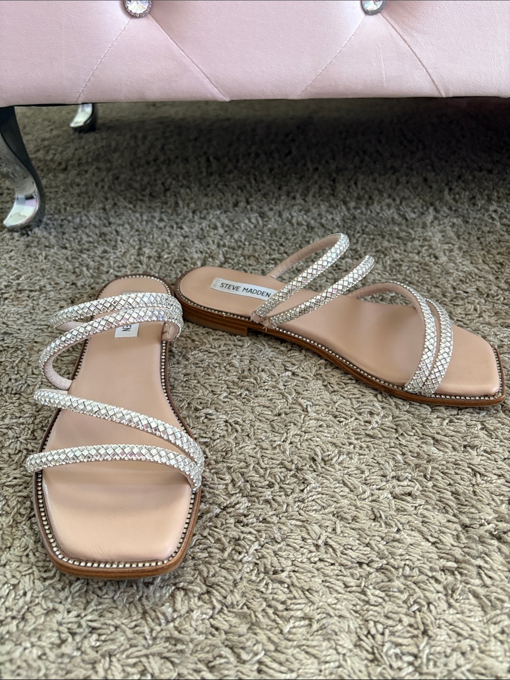 Steve Madden Blush Pink Rhinestone Triple-Strap Flat Sandals